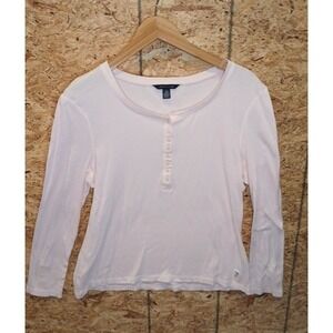 Tommy Hilfiger Womens XL Henley Top White Ribbed Fitted Button Preppy Y2K